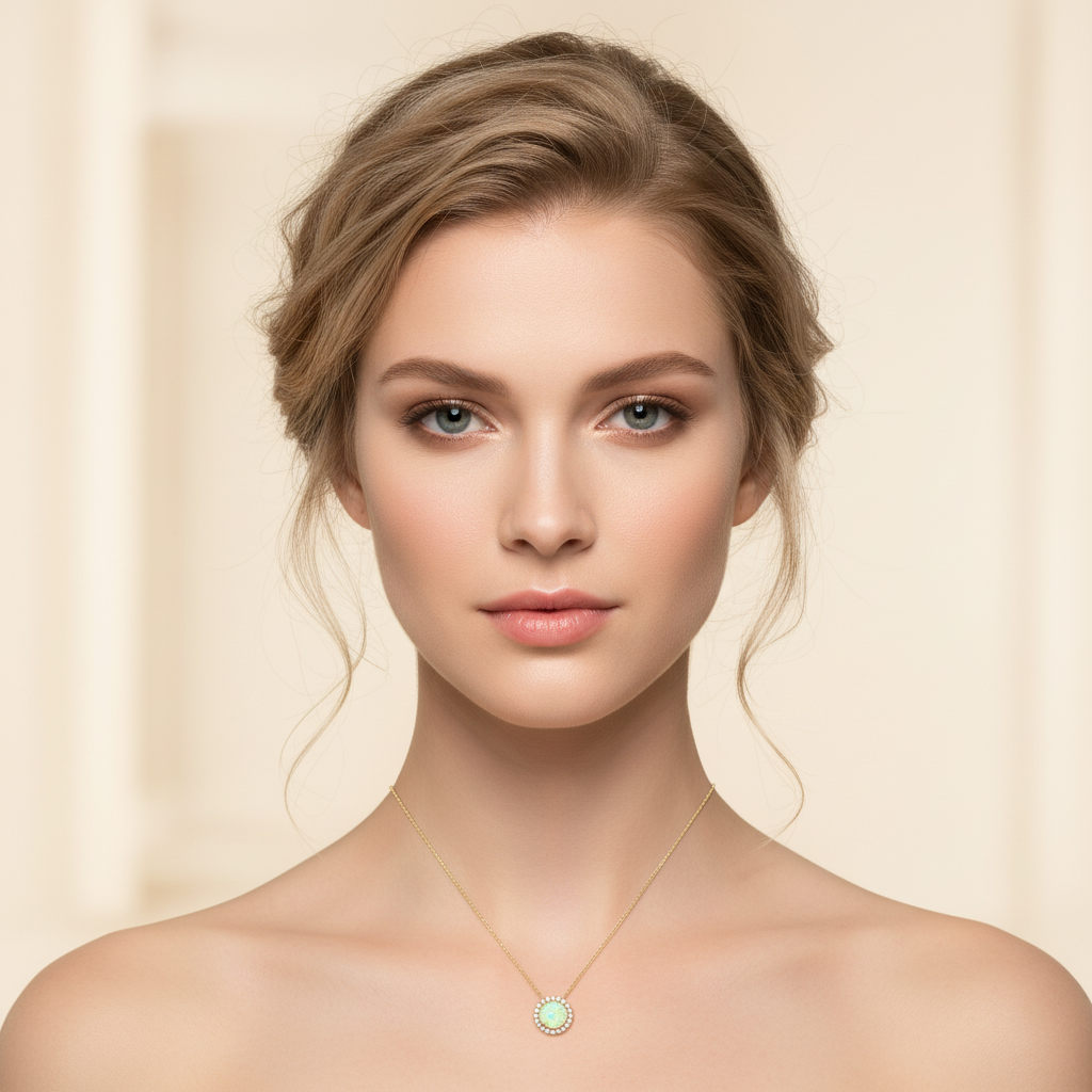 14K Yellow Gold 1.81CT Round Opal and 0.34 Carat Total Weight (20) Diamond Halo Pendant Necklace