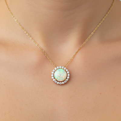 14K Yellow Gold 1.81CT Round Opal and 0.34 Carat Total Weight (20) Diamond Halo Pendant Necklace