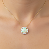 14K Yellow Gold 1.81CT Round Opal and 0.34 Carat Total Weight (20) Diamond Halo Pendant Necklace
