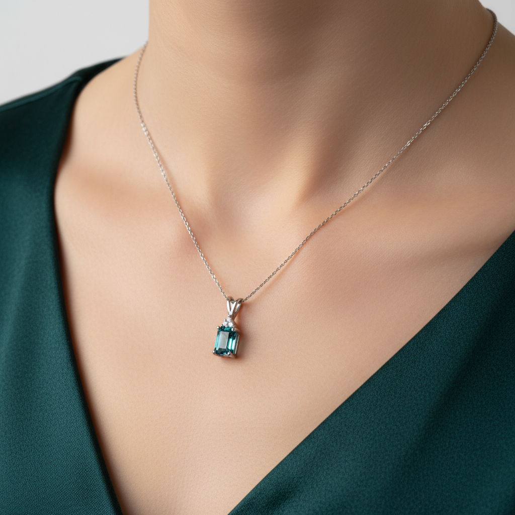 14K White Gold 1.25CT 5x7mm Emerald Cut Blue Zircon and 0.035 Carat Total Weight (3) Diamond Pendant