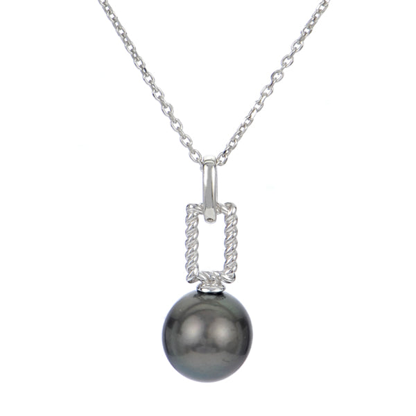 Sterling Silver Rhodium Plated 9-10mm Tahitian Pearl Polished and Twisted Pendant on 16-18" Chain
