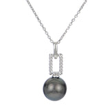 Sterling Silver Rhodium Plated 9-10mm Tahitian Pearl Polished and Twisted Pendant on 16-18" Chain