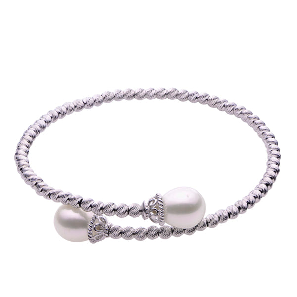Sterling Silver Rhodium Plated Brilliance Bead and 8-9mm Freshwater Pearl Bracelet 7.5"