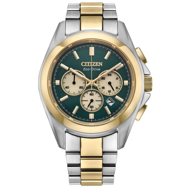 Men's Citizen Eco-Drive Sport Luxury Green Dial Two-Tone Stainless Steel Bracelet Watch 40mm - CA4684-54X