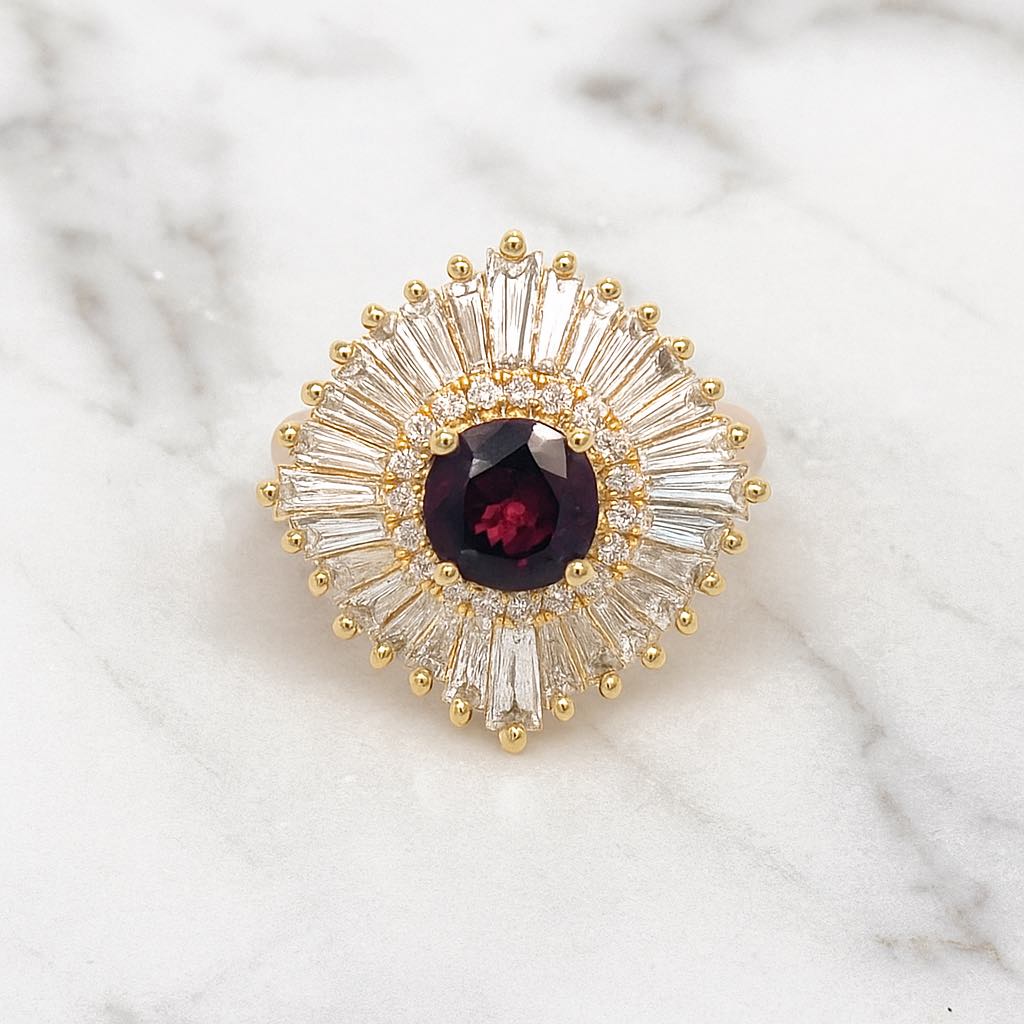 "Ethelee" 14K Yellow Gold (1) 1.66CT Magenta Sapphire with 1.48CTW Baguette Diamonds and Round .17CTW Diamond Ballerina Inspired Custom Wright's Jewelry Signature Design by Jennifer Beatty