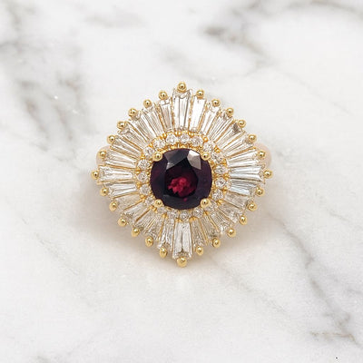 "Ethelee" 14K Yellow Gold (1) 1.66CT Magenta Sapphire with 1.48CTW Baguette Diamonds and Round .17CTW Diamond Ballerina Inspired Custom Wright's Jewelry Signature Design by Jennifer Beatty
