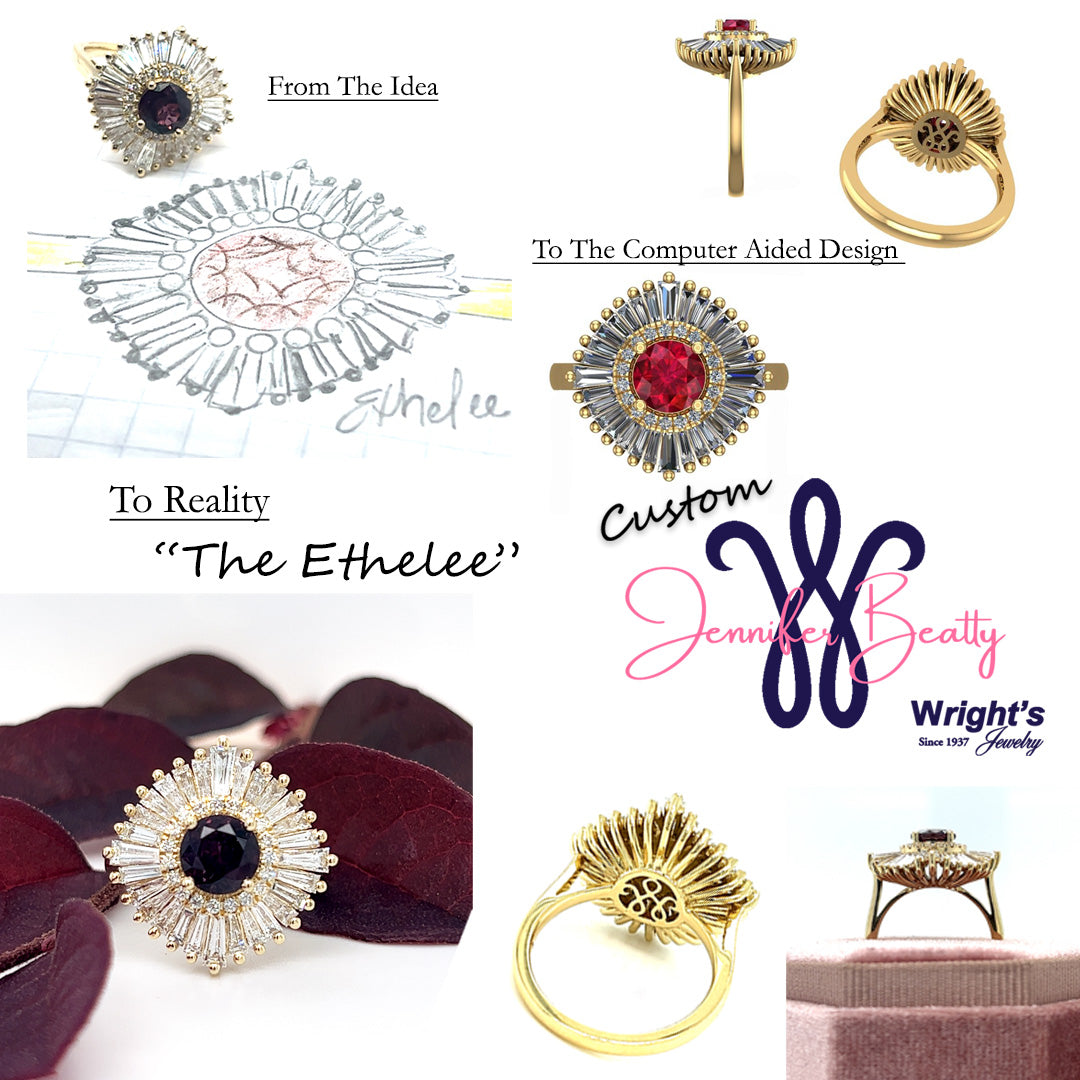 "Ethelee" 14K Yellow Gold (1) 1.66CT Magenta Sapphire with 1.48CTW Baguette Diamonds and Round .17CTW Diamond Ballerina Inspired Custom Wright's Jewelry Signature Design by Jennifer Beatty