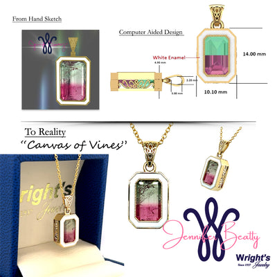 Canvas of Vines – Custom Tourmaline and Enamel Pendant Custom Wright's Jewelry Signature Design by Jennifer Beatty Available online or in store at Wright’s Jewelry, Fallston, NC