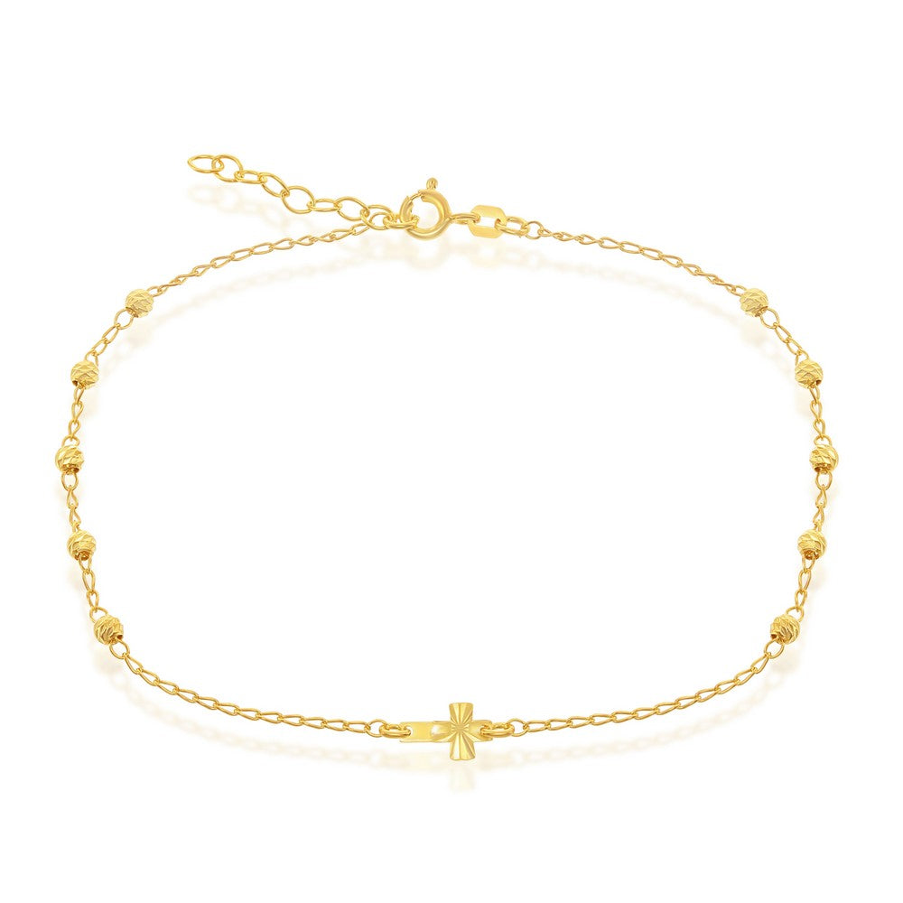 Sterling Silver Gold Plated Diamond-Cut Beads with Small Center Cross Anklet 9+1"