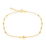Sterling Silver Gold Plated Diamond-Cut Beads with Small Center Cross Anklet 9+1"