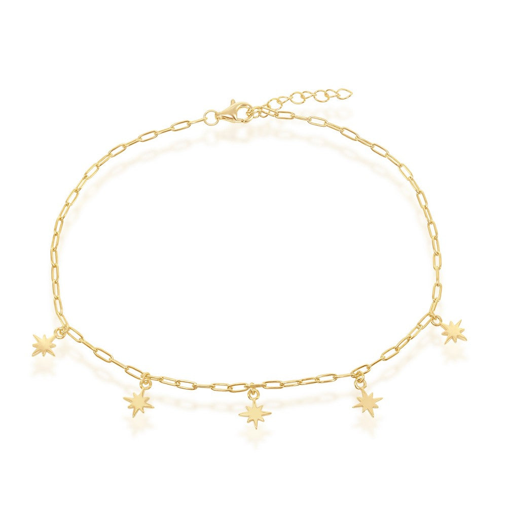 Sterling Silver Yellow Gold Plated Star Paperclip Anklet