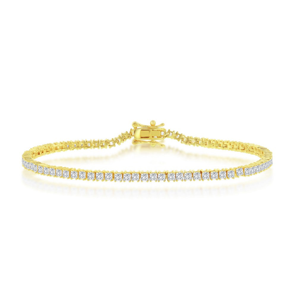 Sterling SilverGold Plated 3mm ound & Rectangle Cubic Zirconia Tennis Bracelet 7"