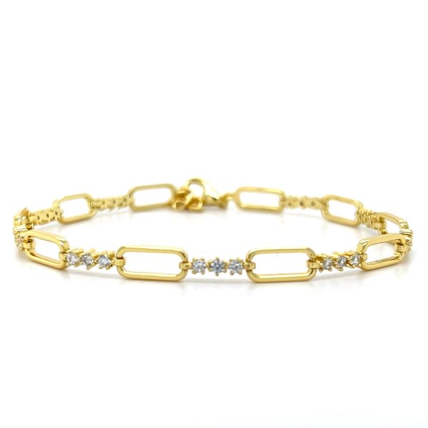 Sterl;ing Silver Gold-Plated Alternating Paperclip Design and Cubic Zirconia Bracelet 7+1"