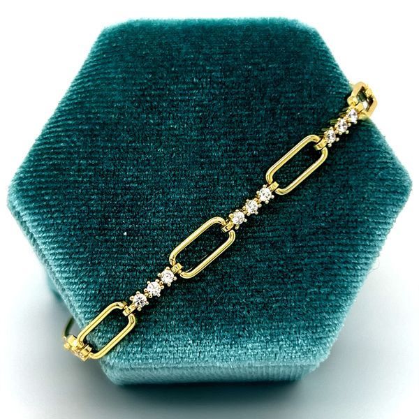 Sterl;ing Silver Gold-Plated Alternating Paperclip Design and Cubic Zirconia Bracelet 7+1"