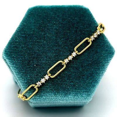 Sterl;ing Silver Gold-Plated Alternating Paperclip Design and Cubic Zirconia Bracelet 7+1"