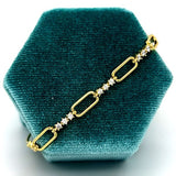 Sterl;ing Silver Gold-Plated Alternating Paperclip Design and Cubic Zirconia Bracelet 7+1"