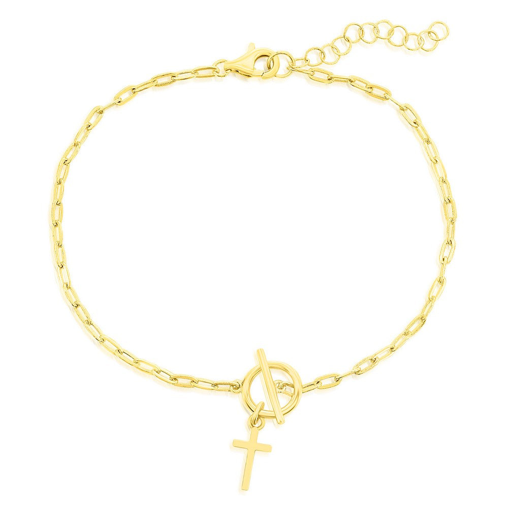 Sterling Silver Gold Plated Cross Charm Paperclip Toggle Bracelet 6.5+1"