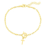 Sterling Silver Gold Plated Cross Charm Paperclip Toggle Bracelet 6.5+1"