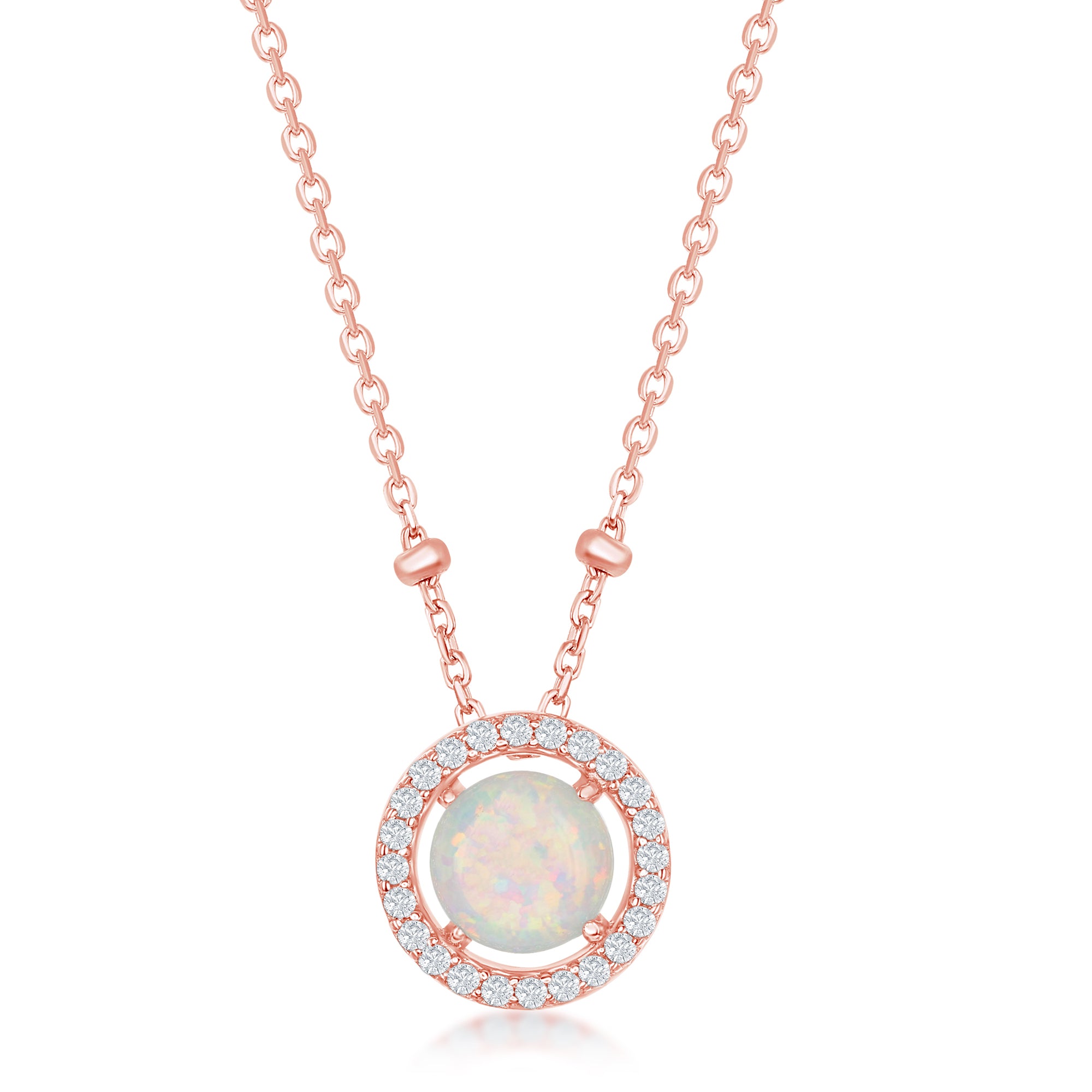 Sterling Silver Rose Gold Plated Round White Opal with CZ Halo Beads Necklace 16+2"