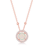 Sterling Silver Rose Gold Plated Round White Opal with CZ Halo Beads Necklace 16+2"