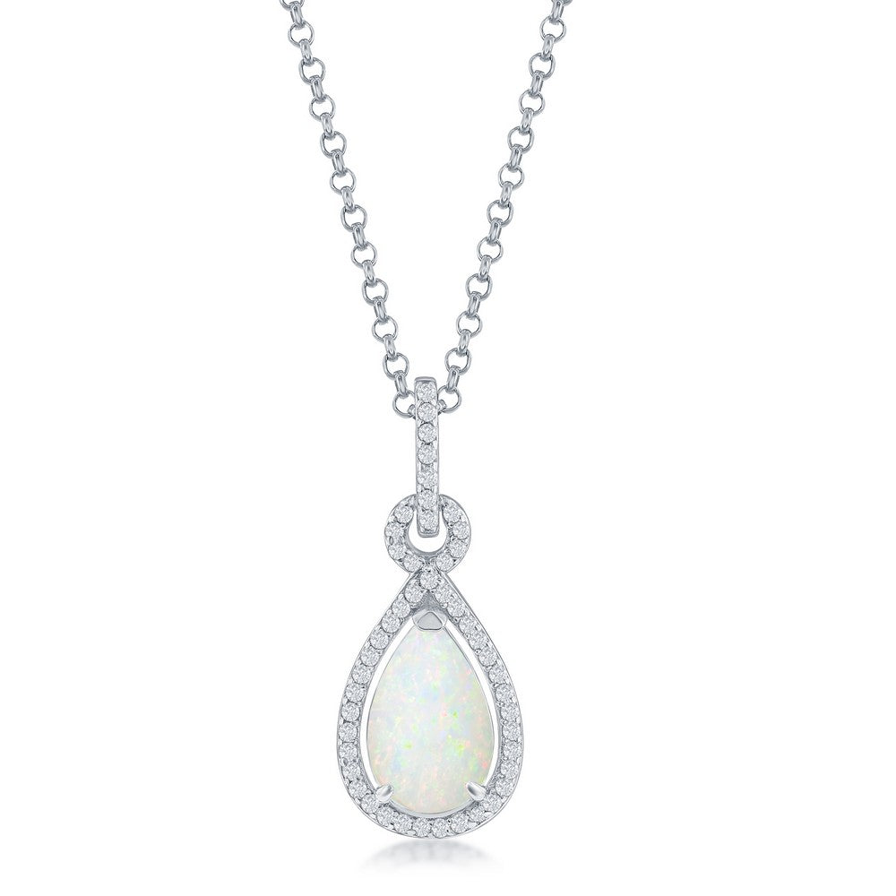 "Henroetta" Sterling Silver Pear-Shaped Opal with Cubic Zirconia Border Pendant