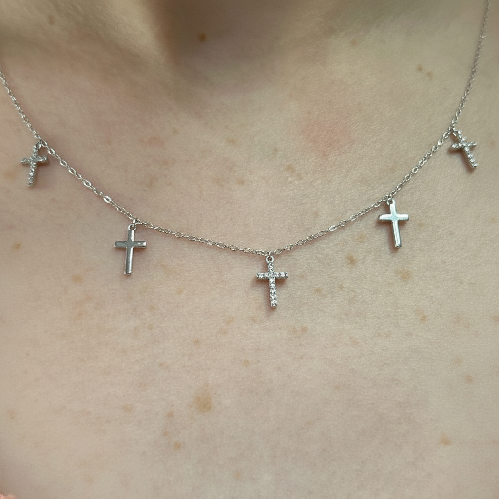 Sterling Silver Diamond 5-Cross Necklace – 0.10 Carat Total Weight, 18" Chain