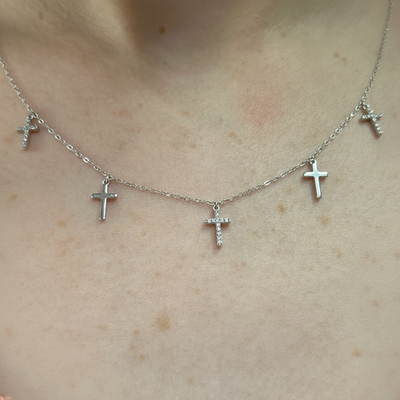Sterling Silver Diamond 5-Cross Necklace – 0.10 Carat Total Weight, 18" Chain