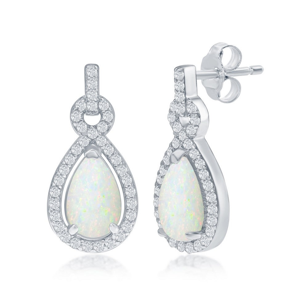 Sterling Silver White Pearshaped Opal with Cubic Zircoia Border ~14X8mm Drop Earrings
