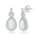 Sterling Silver White Pearshaped Opal with Cubic Zircoia Border ~14X8mm Drop Earrings