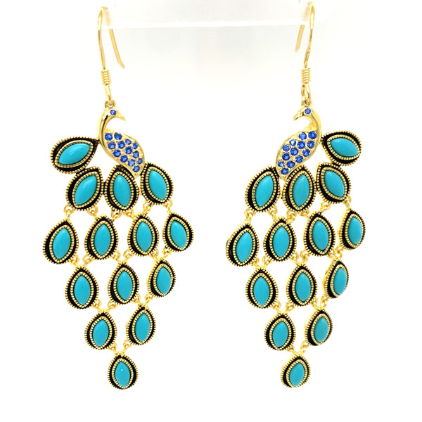 Sterling Silver Gold Tone Fish Hook Peacock Design Chandelier Earrings with Blue Cubic Zirconia and Imitation Turquoise