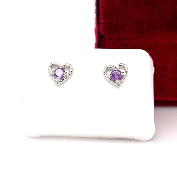 Sterling Silver February Birthstone Earrings with Open Heart Design, Little Girl Jewelry