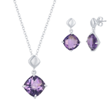 Sterling Silver Amethyst Cushion-Cut Square Necklace and Earrings Set