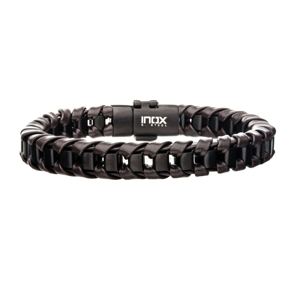 Men's Brown Leather Bracelet with Black IP Accents 8.25"