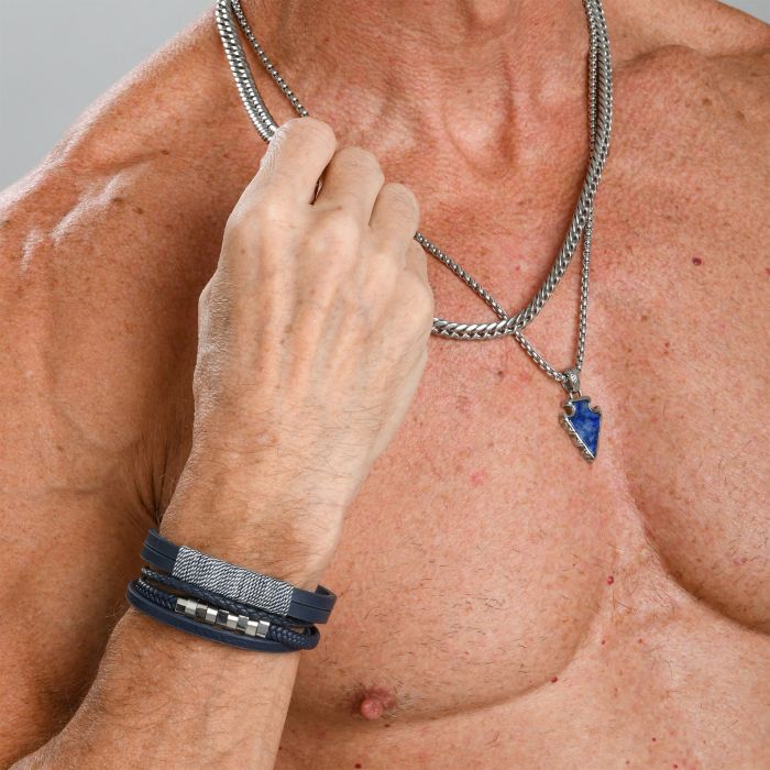 Men's Stainless Steel Shoreline Cotton Fabric Wrapped Blue Leather Bracelet 8"-8.5"