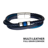 Men’s Stainless Steel Blue-Plated Beads with Blue Multi Leather Full Grain Cowhide Layered Bracelet