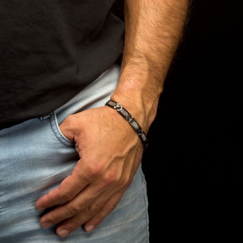 Men's Stainless Steel 9.5mm Matte Finish Gun Metal Plated Deer Antler Inlay Link Bracelet