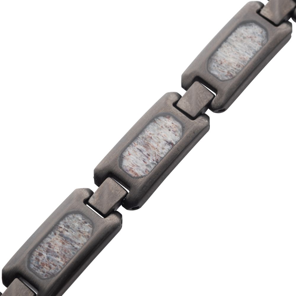 Men's Stainless Steel 9.5mm Matte Finish Gun Metal Plated Deer Antler Inlay Link Bracelet