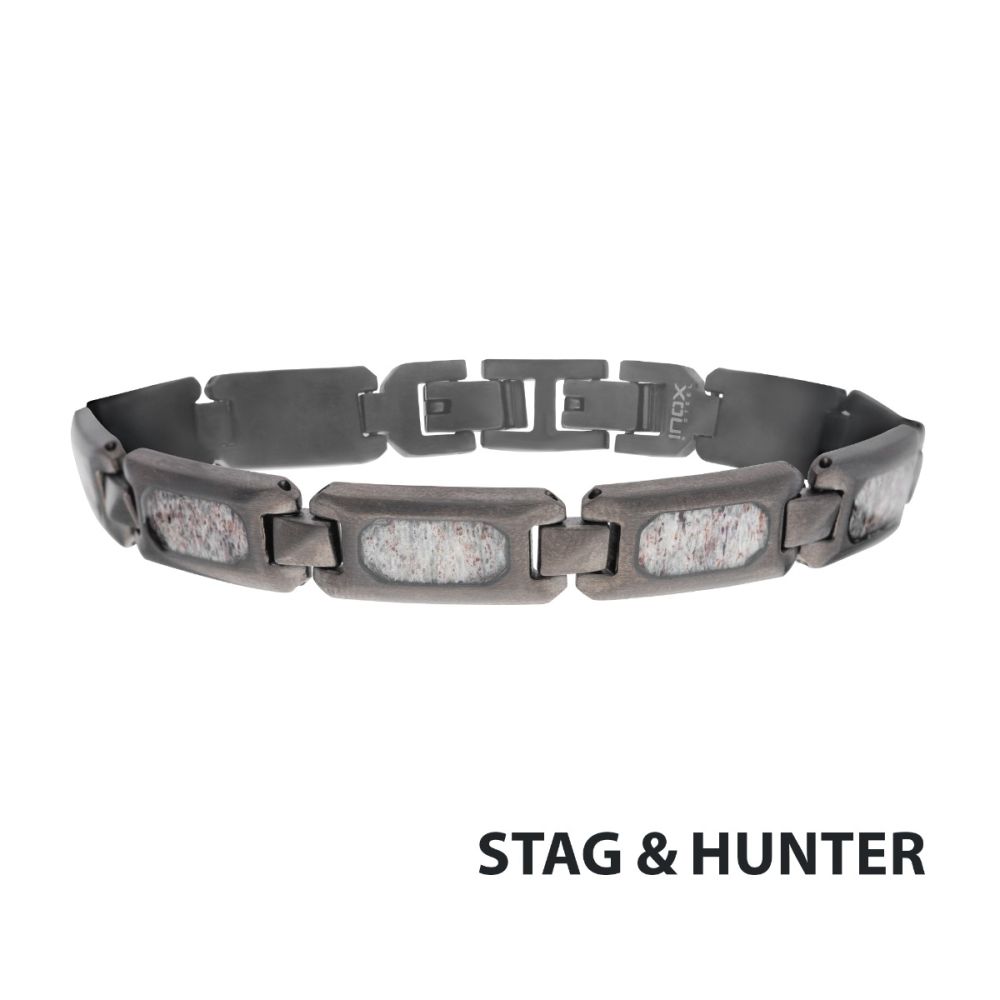 Men's Stainless Steel 9.5mm Matte Finish Gun Metal Plated Deer Antler Inlay Link Bracelet