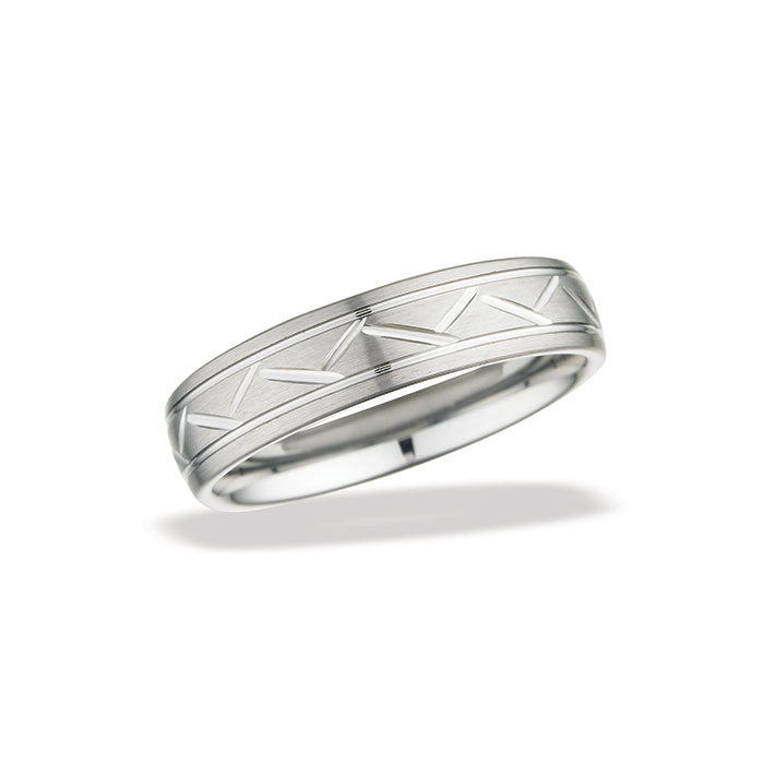 Men's 6mm Domed Brushed Tungsten Wedding Band with Alternating Diagonal Lines and 2 Polished Grooves Size 9.5