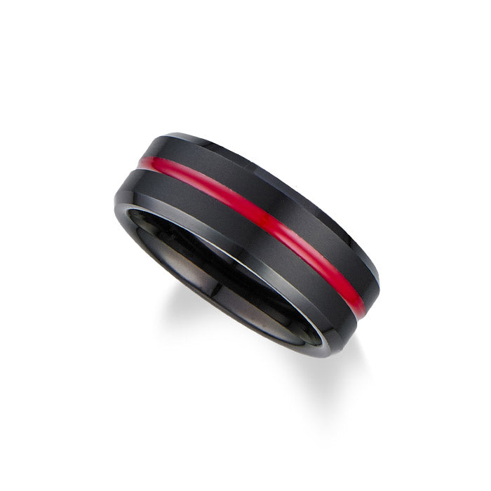 Men's 8mm Flat Brushed Black Wedding Band with Red Resin Filled Center Groove Size 10