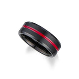 Men's 8mm Flat Brushed Black Wedding Band with Red Resin Filled Center Groove Size 10