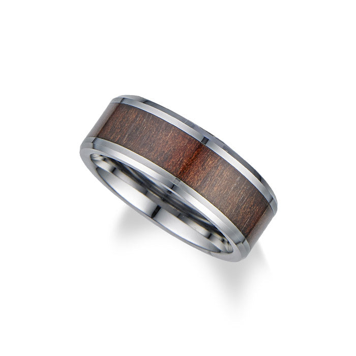 Men's 8mm Flat Polished Tungsten Band with Beveled Edge and Koa Wood Inlay Size 11