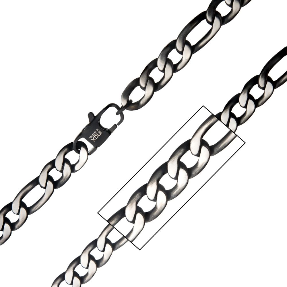 Men's Stainless Steel Black Plated 9.4mm Figaro Chain Necklace 24"