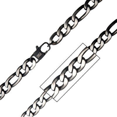 Men's Stainless Steel Black Plated 9.4mm Figaro Chain Necklace 24"