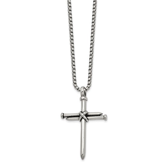Men's Stainless Steel Polished Antiqued & Polished Cross of Nails Pendant 22"