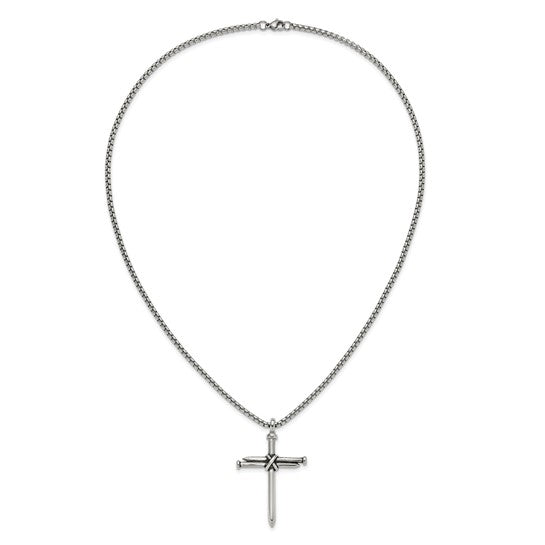 Men's Stainless Steel Polished Antiqued & Polished Cross of Nails Pendant 22"