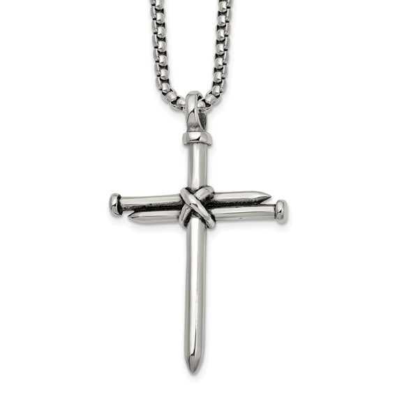 Men's Stainless Steel Polished Antiqued & Polished Cross of Nails Pendant 22"