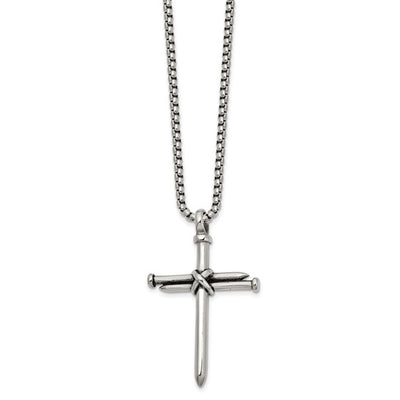 Men's Stainless Steel Polished Antiqued & Polished Cross of Nails Pendant 22"