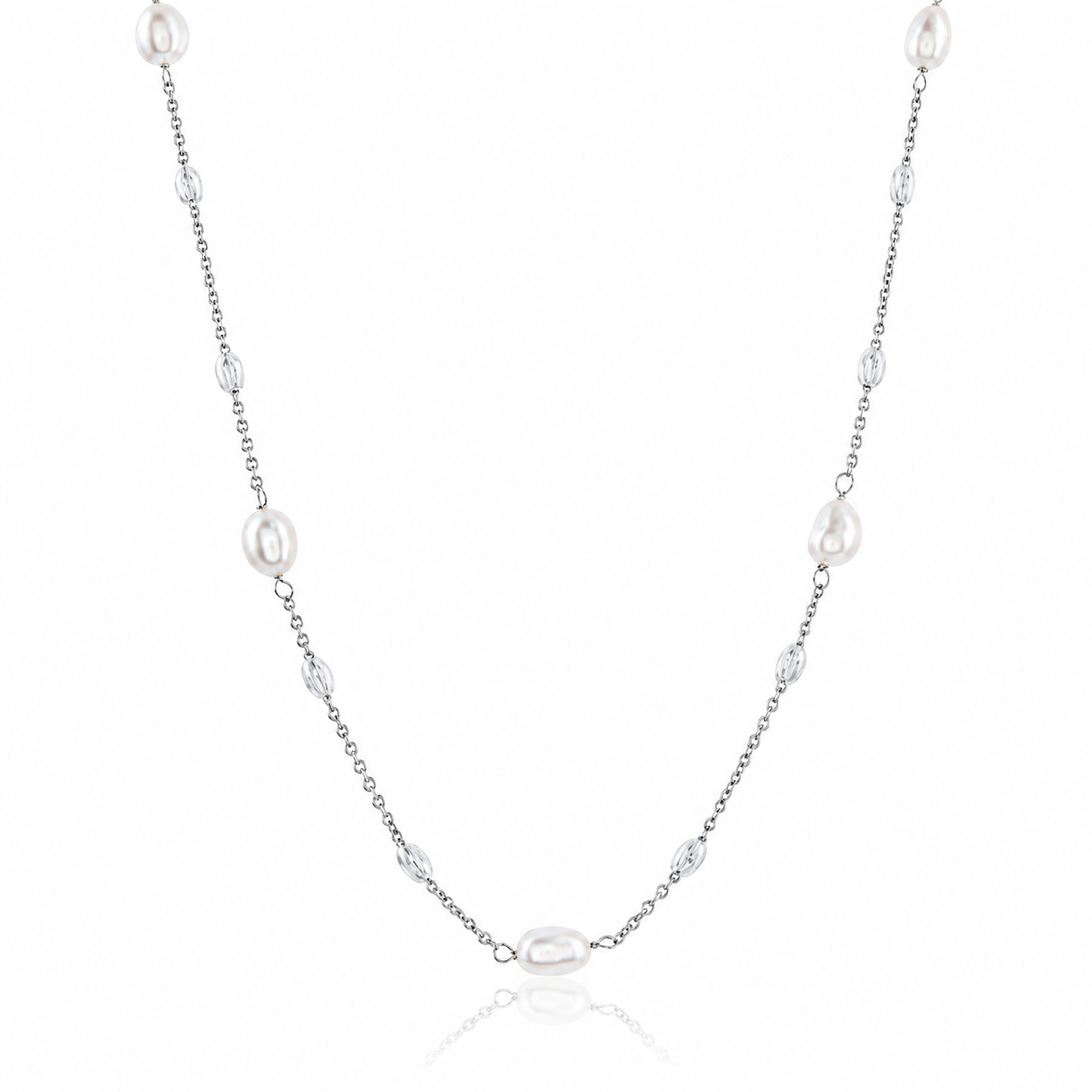 Sterling Silver Freshwater Pearl and Bead Station Necklace 16+2"