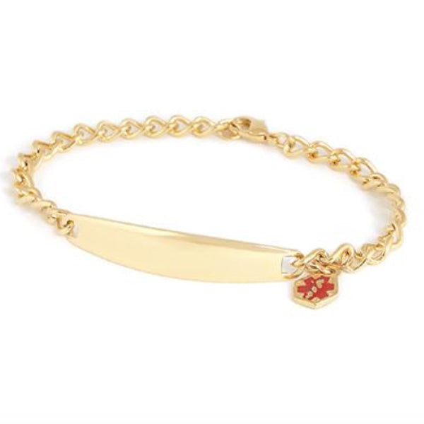 Ladies Yellow Stainless Steel ID Bracelet with Engravable Plaque And Dangling Medilog Charm